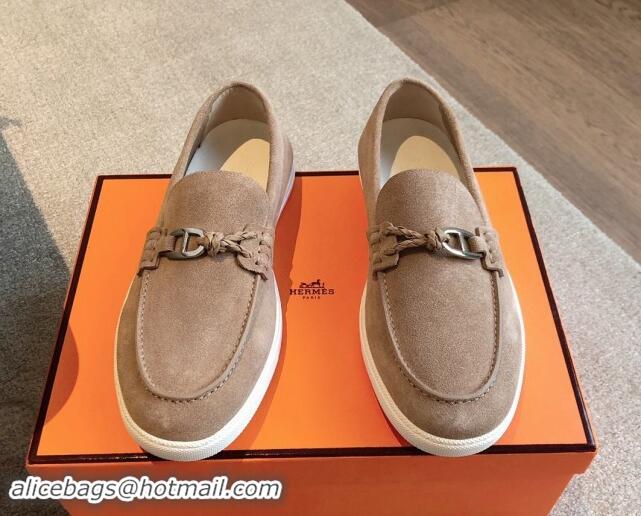 Grade Quality Hermes Ignacio Loafers Flat with Chaine d'Ancre Buckle in Suede Dark Beige 1008065