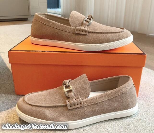 Grade Quality Hermes Ignacio Loafers Flat with Chaine d'Ancre Buckle in Suede Dark Beige 1008065