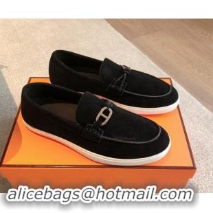 Purchase Hermes Ignacio Loafers Flat with Chaine d'Ancre Buckle in Suede Black 1008066