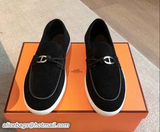 Purchase Hermes Ignacio Loafers Flat with Chaine d'Ancre Buckle in Suede Black 1008066