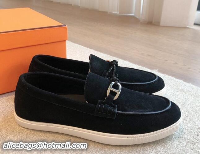 Purchase Hermes Ignacio Loafers Flat with Chaine d'Ancre Buckle in Suede Black 1008066