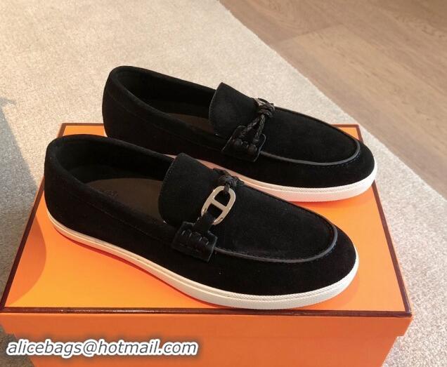 Purchase Hermes Ignacio Loafers Flat with Chaine d'Ancre Buckle in Suede Black 1008066