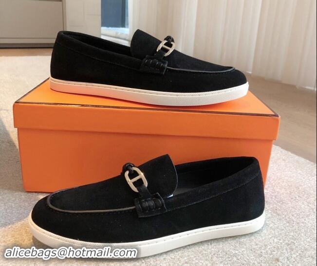 Purchase Hermes Ignacio Loafers Flat with Chaine d'Ancre Buckle in Suede Black 1008066