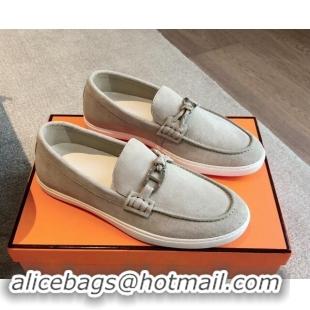 Best Grade Hermes Ignacio Loafers Flat with Chaine d'Ancre Buckle in Suede Grey 1008067