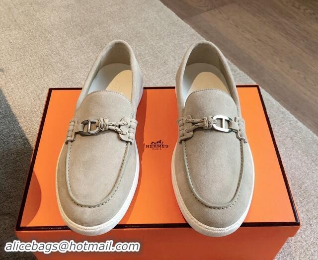 Best Grade Hermes Ignacio Loafers Flat with Chaine d'Ancre Buckle in Suede Grey 1008067