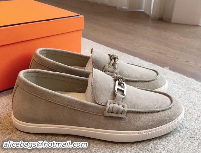 Best Grade Hermes Ignacio Loafers Flat with Chaine d'Ancre Buckle in Suede Grey 1008067