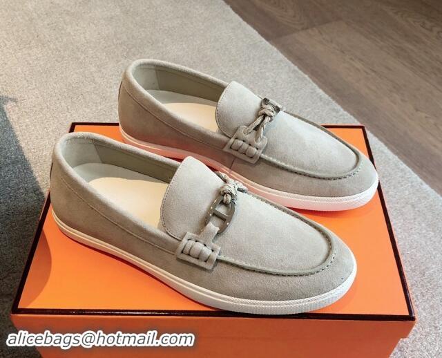 Best Grade Hermes Ignacio Loafers Flat with Chaine d'Ancre Buckle in Suede Grey 1008067