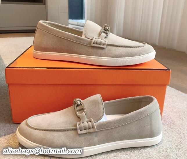 Best Grade Hermes Ignacio Loafers Flat with Chaine d'Ancre Buckle in Suede Grey 1008067