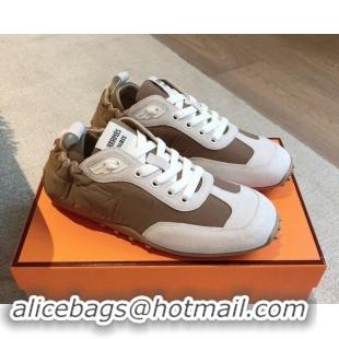 Top Grade Hermes Technical Canvas and Suede Sneakers Brown/White 1008068