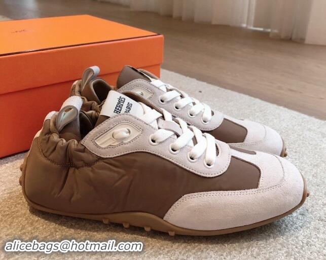 Top Grade Hermes Technical Canvas and Suede Sneakers Brown/White 1008068