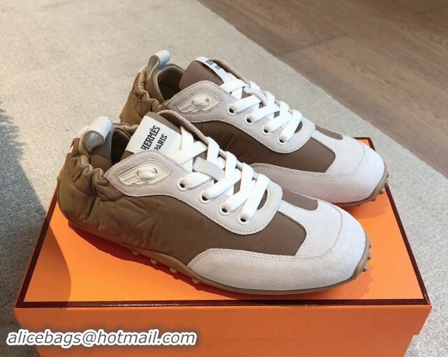 Top Grade Hermes Technical Canvas and Suede Sneakers Brown/White 1008068