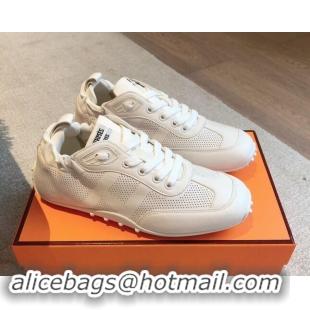 Good Looking Hermes Perforated Calfskin Leather Sneakers White 1008070