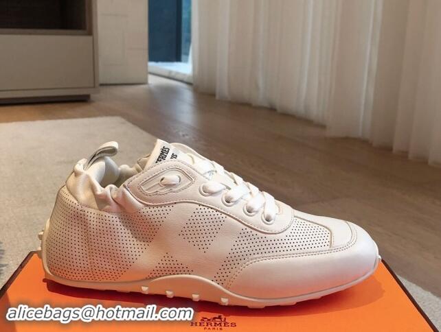 Good Looking Hermes Perforated Calfskin Leather Sneakers White 1008070