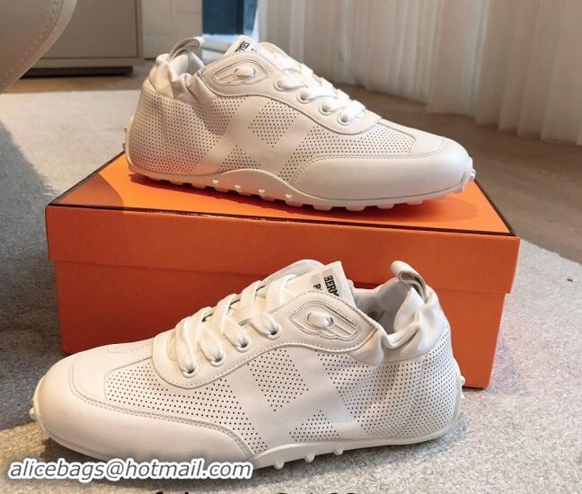 Good Looking Hermes Perforated Calfskin Leather Sneakers White 1008070