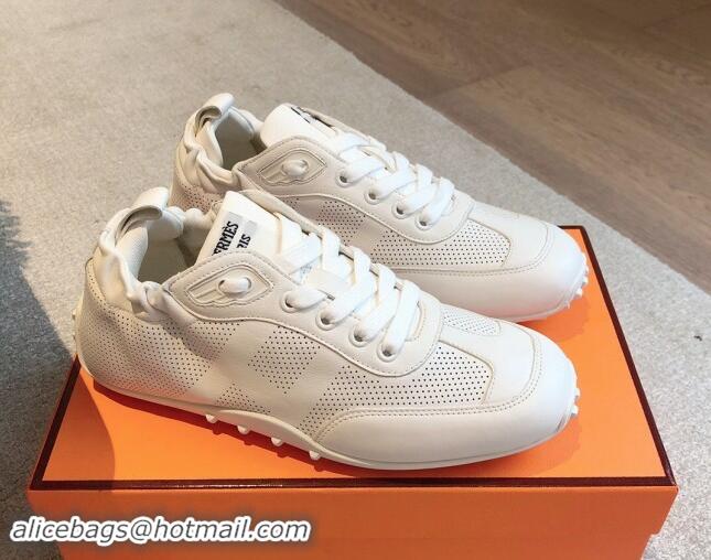 Good Looking Hermes Perforated Calfskin Leather Sneakers White 1008070