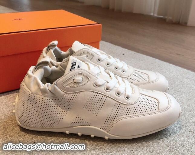 Good Looking Hermes Perforated Calfskin Leather Sneakers White 1008070