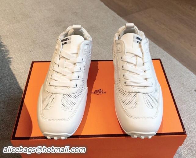 Good Looking Hermes Perforated Calfskin Leather Sneakers White 1008070