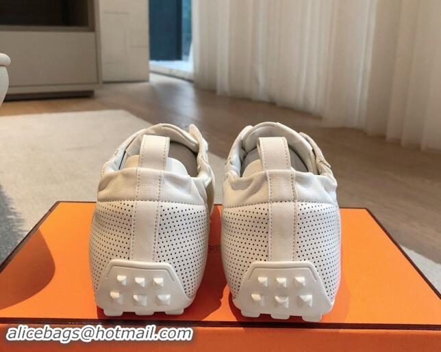 Good Looking Hermes Perforated Calfskin Leather Sneakers White 1008070