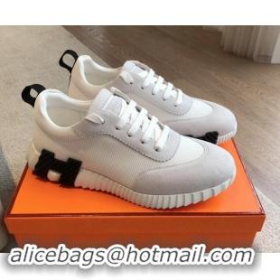 Luxurious Hermes Bouncing Sneakers in Technical Mesh and Suede White/Pale Grey 1008076