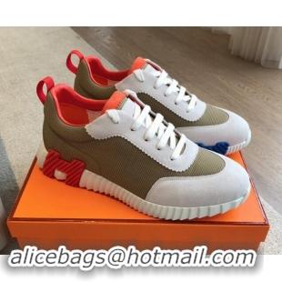 Luxury Cheap Hermes Bouncing Sneakers in Technical Mesh and Suede Khaki Green 1008077