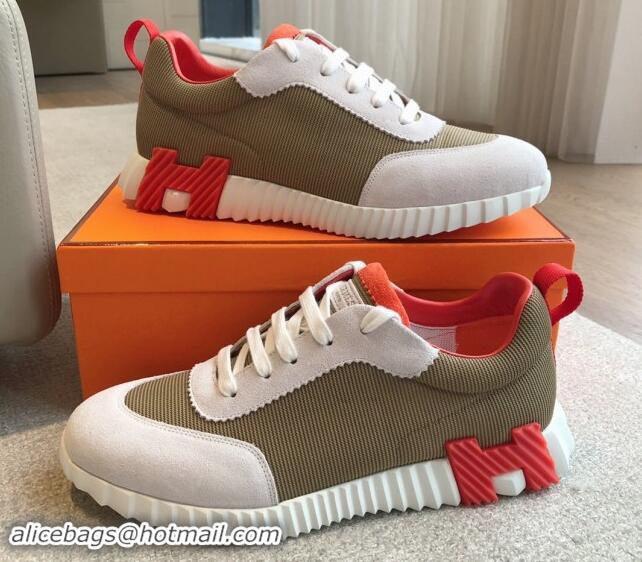 Luxury Cheap Hermes Bouncing Sneakers in Technical Mesh and Suede Khaki Green 1008077