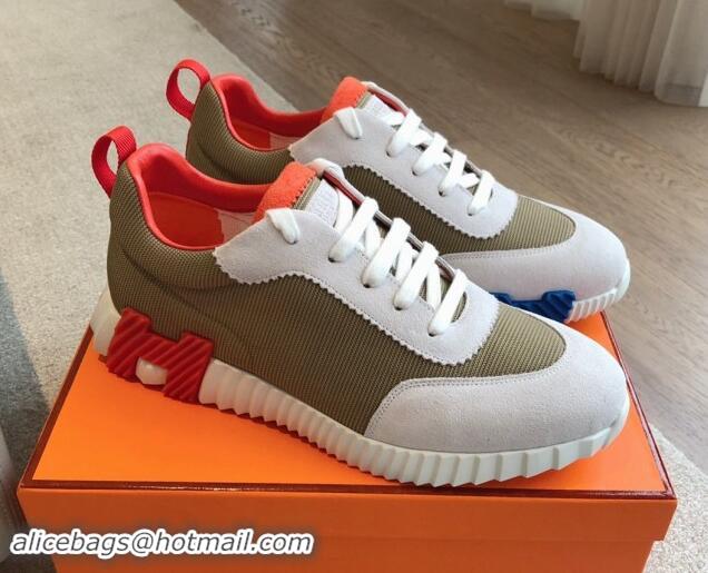 Luxury Cheap Hermes Bouncing Sneakers in Technical Mesh and Suede Khaki Green 1008077