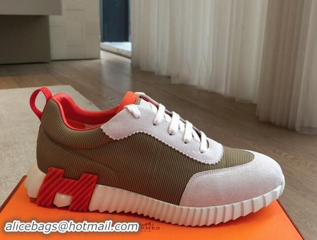 Luxury Cheap Hermes Bouncing Sneakers in Technical Mesh and Suede Khaki Green 1008077