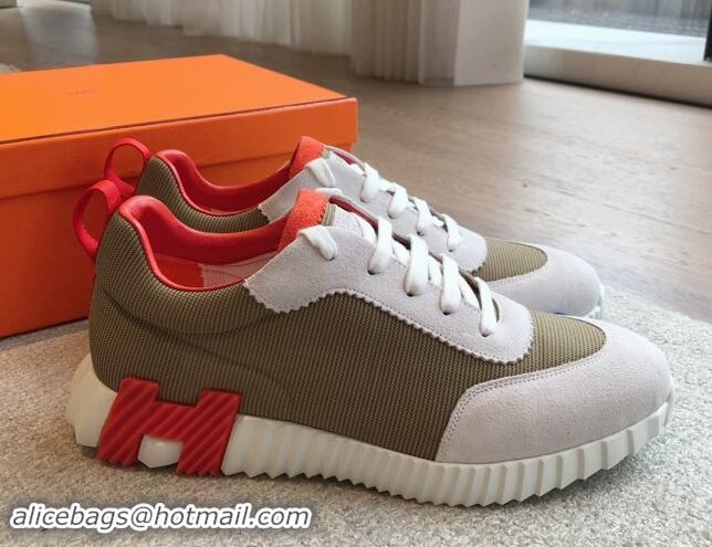 Luxury Cheap Hermes Bouncing Sneakers in Technical Mesh and Suede Khaki Green 1008077