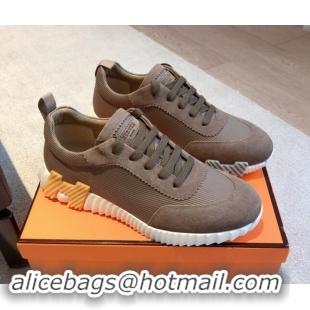 Low Price Hermes Bouncing Sneakers in Technical Mesh and Suede Khaki Grey 1008081