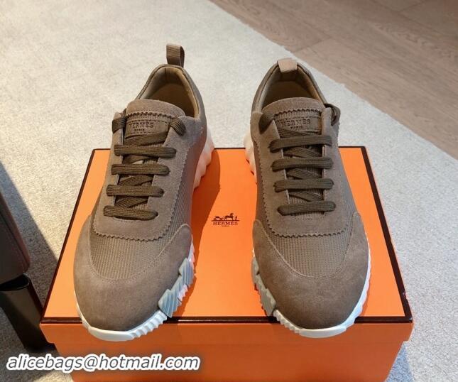 Low Price Hermes Bouncing Sneakers in Technical Mesh and Suede Khaki Grey 1008081