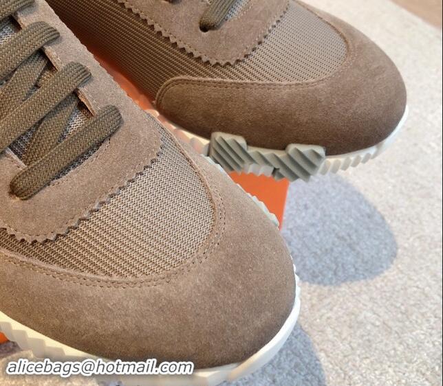 Low Price Hermes Bouncing Sneakers in Technical Mesh and Suede Khaki Grey 1008081