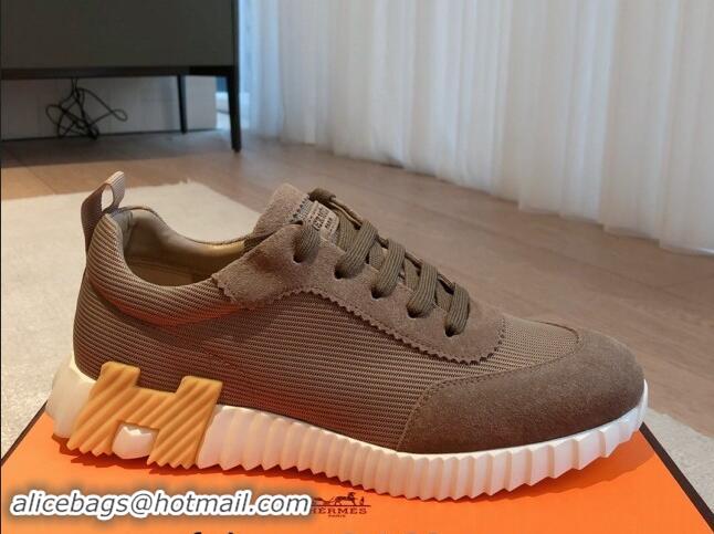 Low Price Hermes Bouncing Sneakers in Technical Mesh and Suede Khaki Grey 1008081