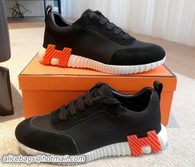 Good Quality Hermes Bouncing Sneakers in Technical Mesh and Suede Black/Orange 1008083