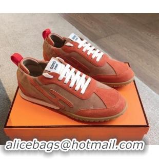 Classic Hot Hermes Jet Sneakers in Suede Red/Brown 008090