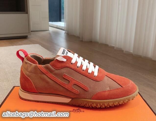 Classic Hot Hermes Jet Sneakers in Suede Red/Brown 008090