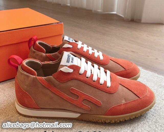 Classic Hot Hermes Jet Sneakers in Suede Red/Brown 008090