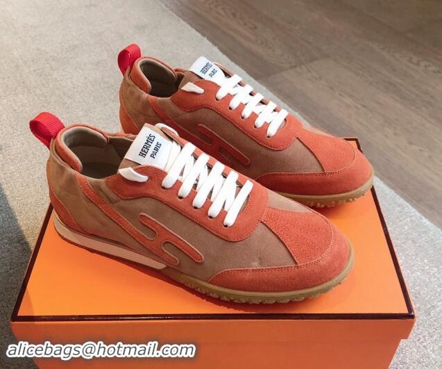 Classic Hot Hermes Jet Sneakers in Suede Red/Brown 008090