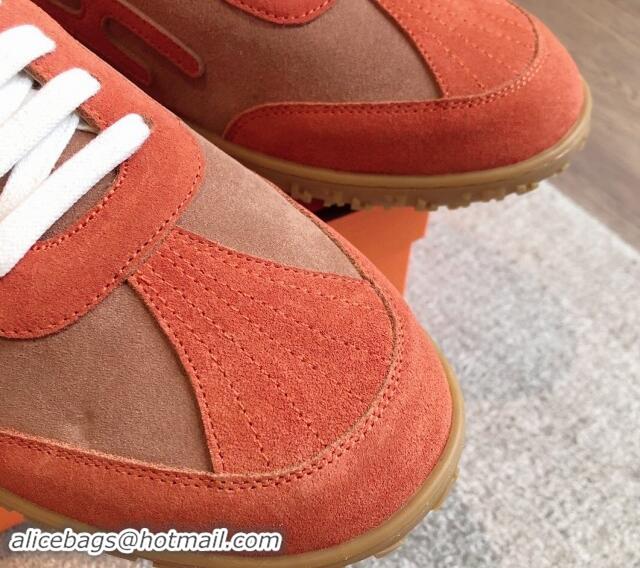 Classic Hot Hermes Jet Sneakers in Suede Red/Brown 008090