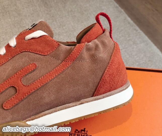 Classic Hot Hermes Jet Sneakers in Suede Red/Brown 008090