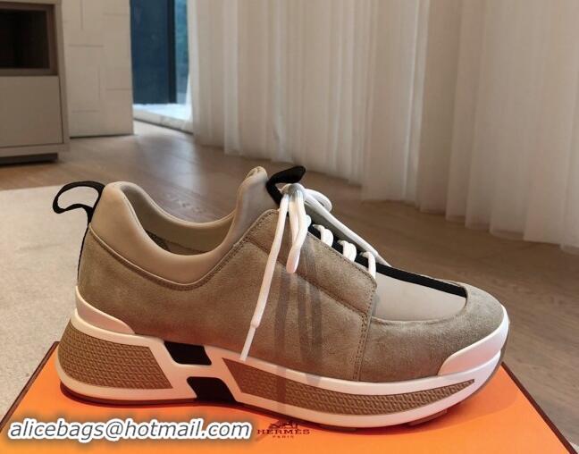 Pretty Style Hermes Just Sneakers in Technical Jersey and Suede Beige 1008092