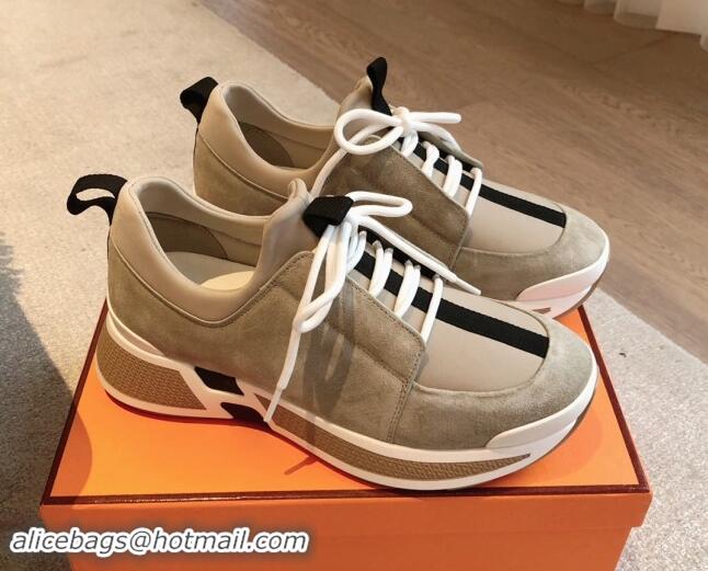 Pretty Style Hermes Just Sneakers in Technical Jersey and Suede Beige 1008092