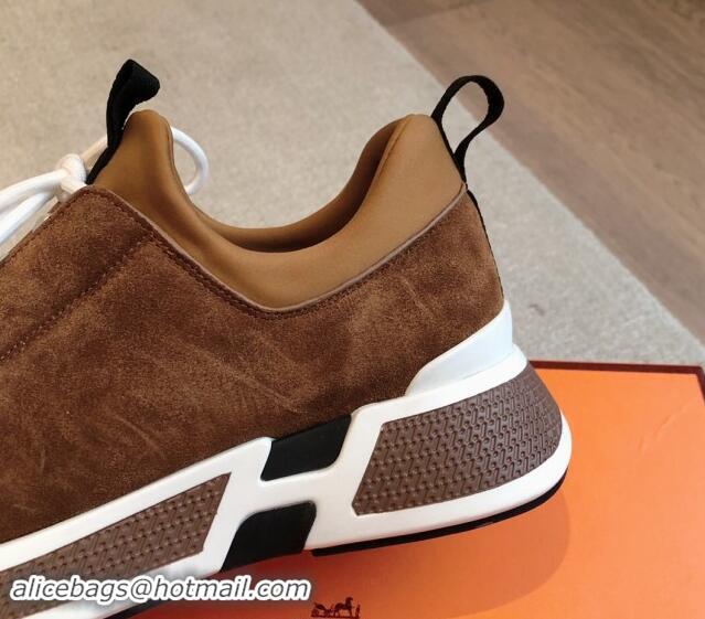 Best Product Hermes Just Sneakers in Technical Jersey and Suede Brown 1008095