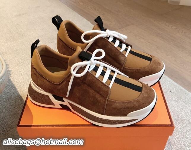 Best Product Hermes Just Sneakers in Technical Jersey and Suede Brown 1008095