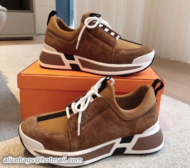 Best Product Hermes Just Sneakers in Technical Jersey and Suede Brown 1008095