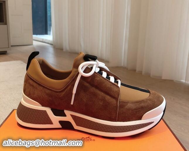 Best Product Hermes Just Sneakers in Technical Jersey and Suede Brown 1008095