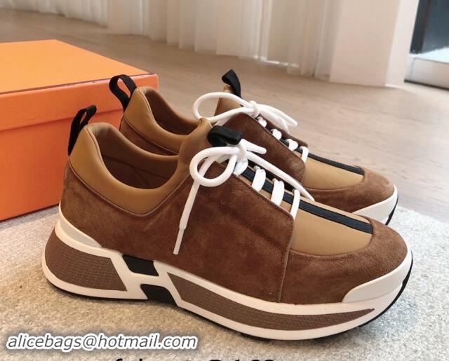 Best Product Hermes Just Sneakers in Technical Jersey and Suede Brown 1008095