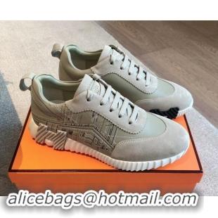 Grade Quality Hermes Bouncing Sneakers in Embroidered Leather and Suede Green/Grey 1008096