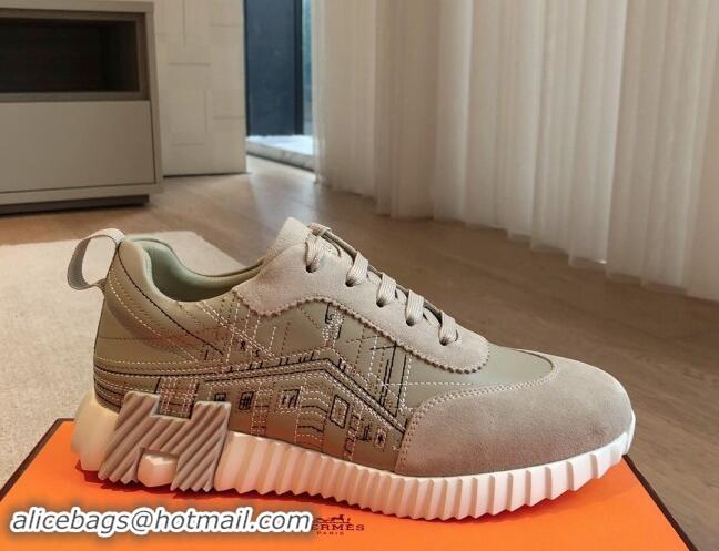 Grade Quality Hermes Bouncing Sneakers in Embroidered Leather and Suede Green/Grey 1008096