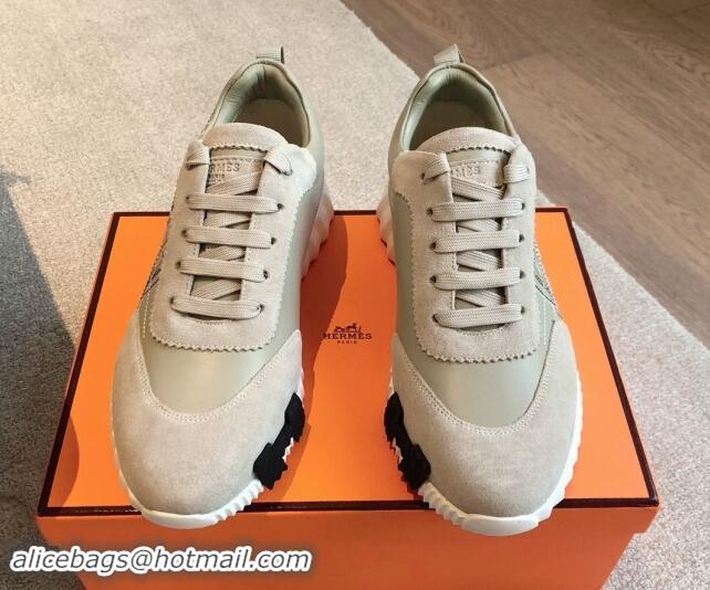 Grade Quality Hermes Bouncing Sneakers in Embroidered Leather and Suede Green/Grey 1008096