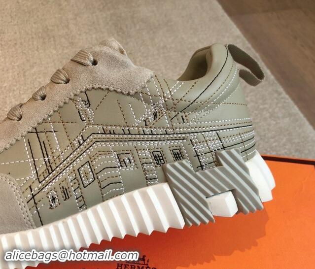 Grade Quality Hermes Bouncing Sneakers in Embroidered Leather and Suede Green/Grey 1008096